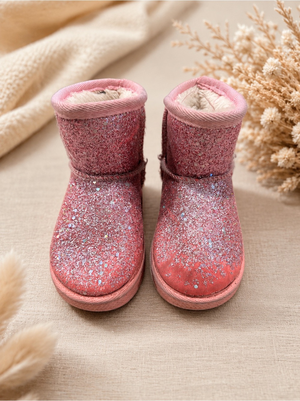 Girls Sparkly Pink Glitter Cozy Boots